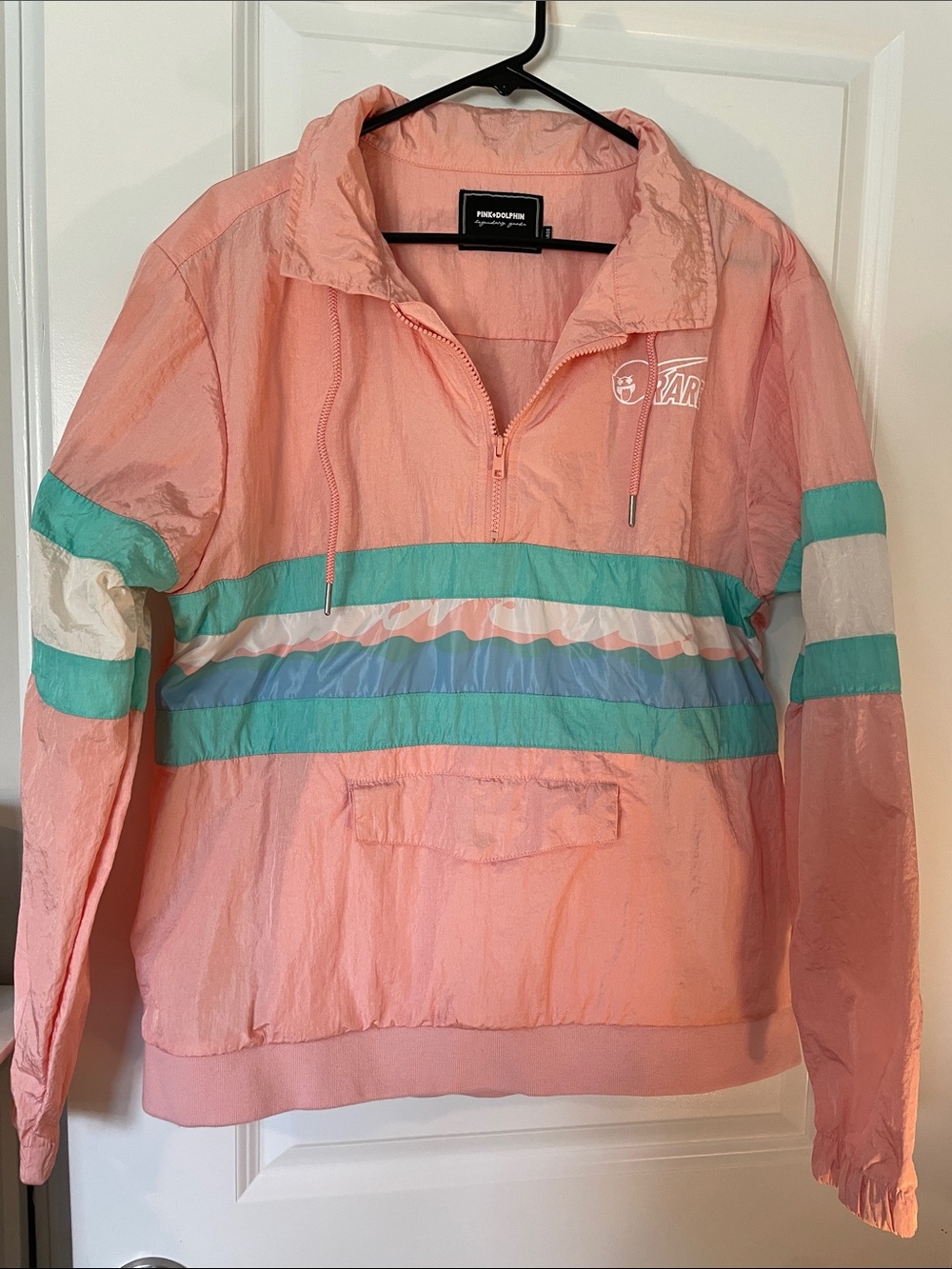 Pink Dolphin Coral Pink Pullover with Teal & Aqua Stripes